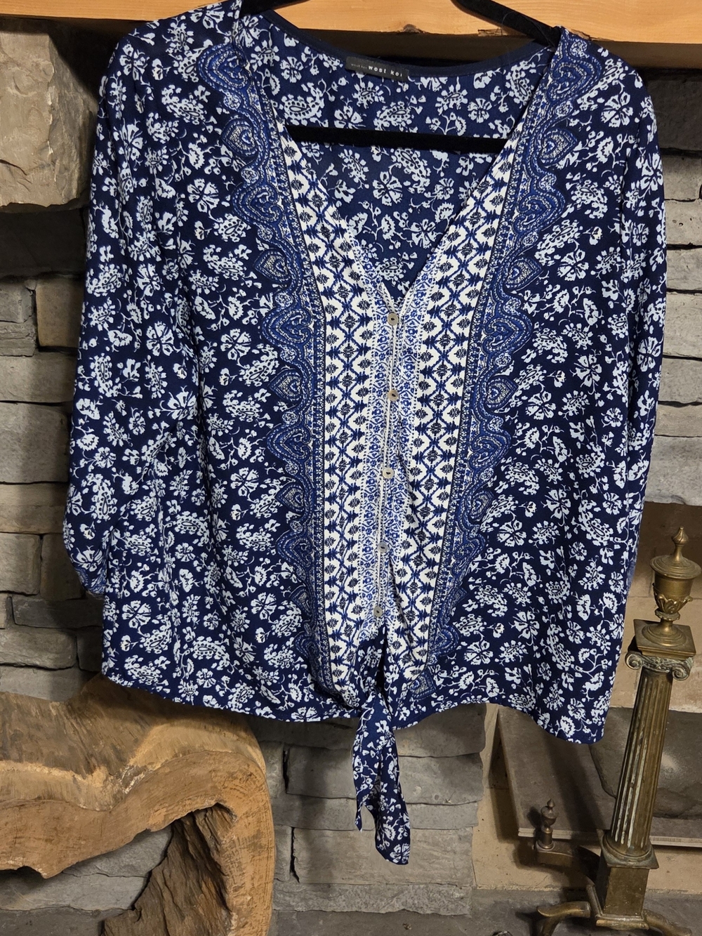 West Kei Navy Blue & White Boho Tie-Front Blouse